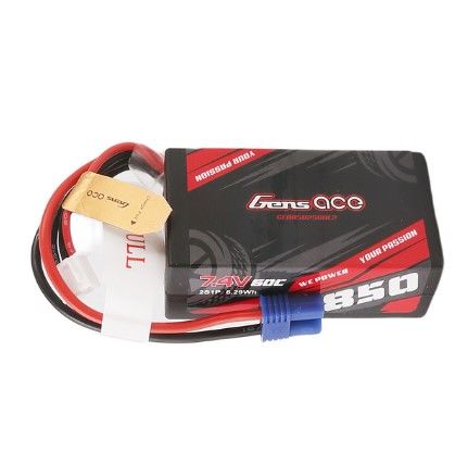 Gens Ace 850mAh 7.4V 60C 2S1P LiPo Battery Pack with EC2 Plug (Mini-T)