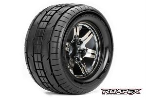 Trigger 1/10 Monster Truck Tires, Mounted on Chrome Black Wheels, 1/2 Offset, 12mm Hex (1 pair)