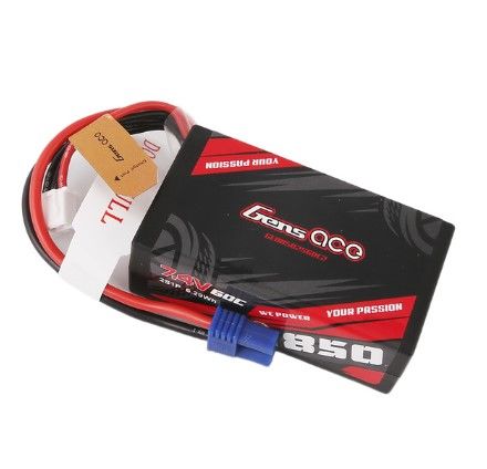 Gens Ace 850mAh 7.4V 60C 2S1P LiPo Battery Pack with EC2 Plug (Mini-T)
