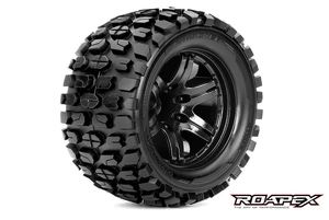 Tracker 1/10 Monster Truck Tires, Mounted on Black Wheels, 0 Offset, 12mm Hex (1 pair)