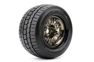 Trigger 1/8 Monster Truck Tires Mounted on Chrome Black Wheels, 0" Offset, 17mm Hex (1 pair)