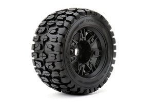Tracker 1/8 Monster Truck Tires Mounted on Black Wheels, 0" Offset, 17mm Hex (1 pair)