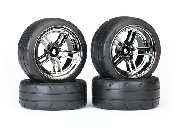 8375 Traxxas Tires and wheels, assembled, glued (split-spoke black chrome)