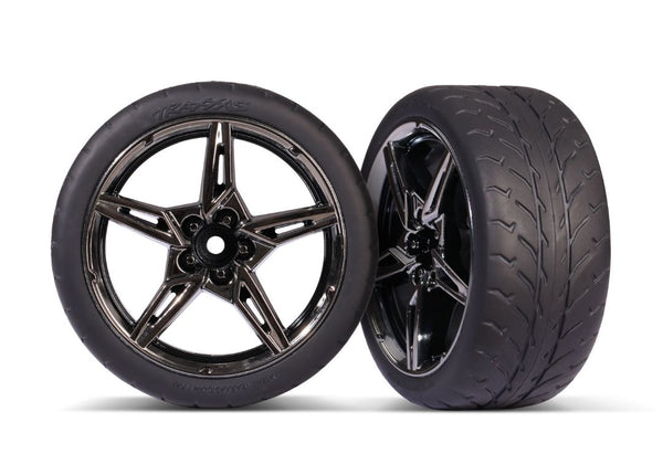 9371 Traxxas Tires and wheels, assembled, glued (split-spoke black chrome)